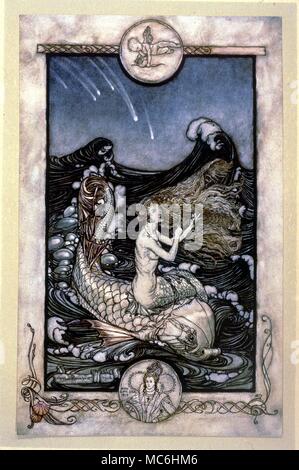 Mermaid équitation un poisson. Illustration par Arthur Rackham pour la pièce de Shakespeare "Le Songe d'une nuit''. 1908' Banque D'Images