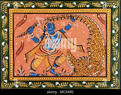 La mythologie Hindoue. Modern (milieu du siècle) gouache du dieu hindou Krishna, la lutte contre le démon de crocodile. Nagarasur. Banque D'Images