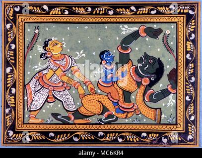 La mythologie Hindoue. Au milieu du siècle (moderne) de la gouache les dieux hindous, Krishna et la lutte contre le démon Putana Devaki. Banque D'Images