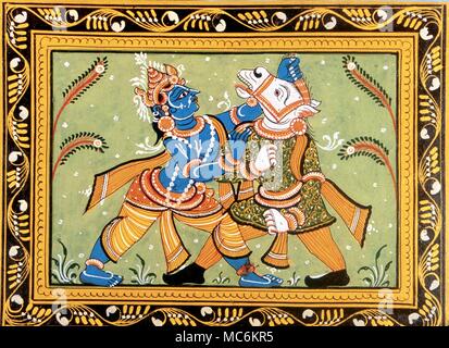 La mythologie Hindoue. Modern (milieu du siècle) gouache du dieu hindou Krishna, la lutte contre le taureau, Sandhasur-démon. Banque D'Images