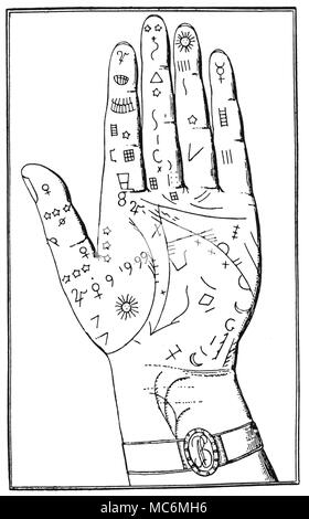 La CHIROMANCIE Gravure d'un dessin, faites par le cartomancer Le Normand, de la main de l'empereur Napoléon Bonaparte. La gravure fut publiée dans ses Mémoires historiques et secrets de l'Impératrice Joséphine, 1827. Il n'existe aucune preuve réelle que le Normand même examiné la part de l'empereur d'un palmistic point de vue, bien qu'elle a écrit (prétendument après avoir regardé à la main), "il y avait tout révélé, même les marques qui le proclama comme héros et conquérant". Il y a peu d'indications que le Norman savait quoi que ce soit à propos de la chiromancie, et le diagramme n'est guère plus qu'inventé gi Banque D'Images
