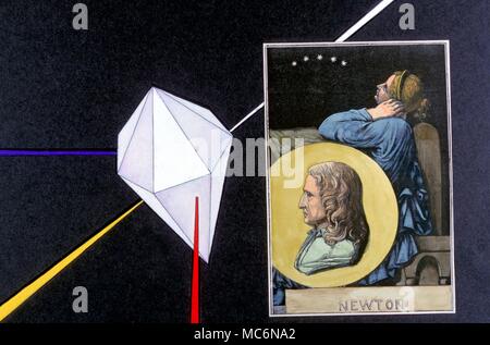 La lumière réfractée cristaux à travers un cristal avec portrait du scientifique qui a étudié la lumière réfractée Sir Isaac Newton Banque D'Images