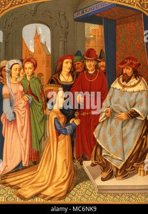 L'image médiévale illustrant la réception de la Reine de Saba par le roi Salomon. Chromolithographic télécopie de le bréviaire du Cardinal Grimandi, attribué à Memling. À partir de l'éd. de 1876 Lacroix, 'Milieu'. Banque D'Images