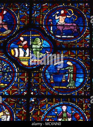 Détail de la fenêtre du zodiaque dans le mur sud de la cathédrale de Chartres, France. Banque D'Images