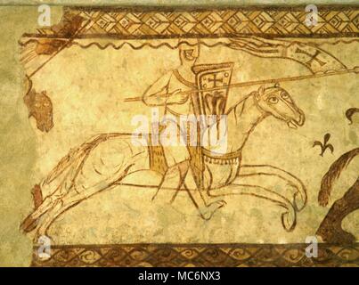 Treizième siècle, fresques illustrant les Templiers au combat. Dans la petite église des Templiers à Cressac, France. Très restauré . Banque D'Images