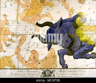 Carte du ciel du taureau, d'un dix-huitième siècle, les plaques livre constellation ayant été imprimés par abonnement. 2004 Charles Walker / Banque D'Images