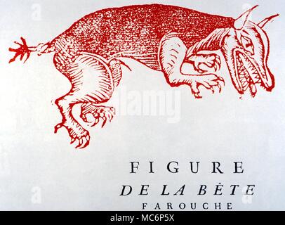 Les loups-garous La Bête du Gévaudan. Gravure sur bois illustration sur un grand journal français représentant la bête féroce qui terrorise la région du Gévaudan Langogne, à partir de 1764 Banque D'Images