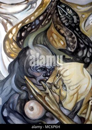 Serpent Adam et Eve avec le serpent dans le jardin d'Eden. Peinture de Fay Pomerance, maintenant dans la collection de Charles Walker Banque D'Images