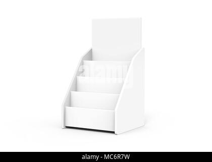 Table en carton, rack stand blanc rendu 3D ou les feuilles de papier pour brochure Banque D'Images