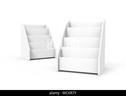 Table en carton, rack blanc rendu 3d jeu de stand pour des brochures ou des feuilles Banque D'Images
