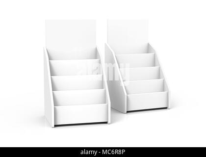 Table en carton, rack blanc rendu 3d jeu de stand pour des brochures ou des feuilles Banque D'Images