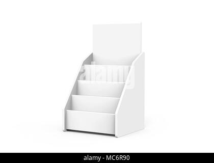 Table en carton, rack stand blanc rendu 3D ou les feuilles de papier pour brochure Banque D'Images