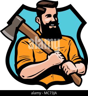 Scierie, menuiserie, charpenterie logo ou label. Ax holding bûcheron ses mains. Cartoon vector illustration Illustration de Vecteur