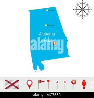 Alabama Carte vectorielle isolé sur fond blanc. Silhouette très détaillés de l'Alabama State. Drapeau officiel de l'Alabama Illustration de Vecteur
