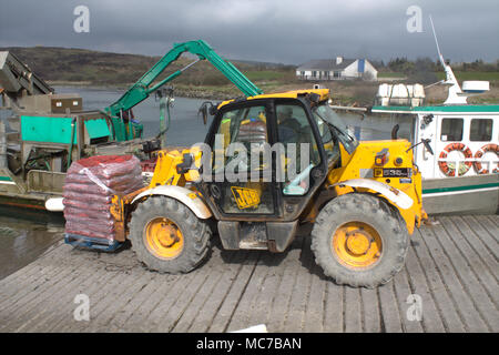 Roaring Water Bay, West Cork, Irlande. 13 avril, 2018. Roaring Water Bay Moules, célèbre pour leur saveur étant débarqué déjà nettoyé et emballé sur une palette, pour être expédiés vers les marchés de France. Credit : aphperspective/Alamy Live News. Banque D'Images