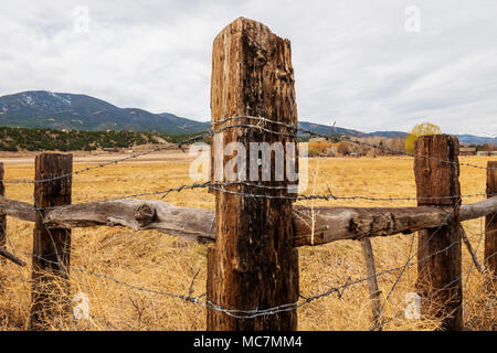 Fencepost en bois et du fil de fer barbelé ; Vandaveer Ranch ; Salida, Colorado, USA Banque D'Images