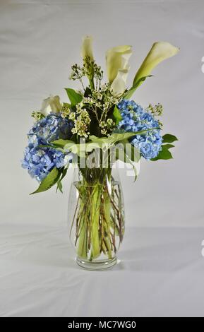 Beau grand vase en verre rempli d'eau et un arrangement de jolies fleurs et de feuilles vertes fraîches. Il y a un fond Uni pour l'espace ouvert. Banque D'Images