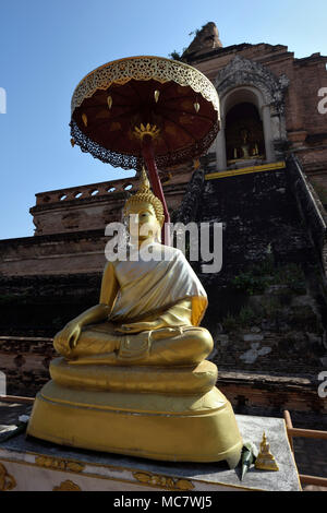 Golden Buddha statue in front of big pagoda temple chedi de Wat Chedi Luang, Chiang Mai, Thaïlande Banque D'Images