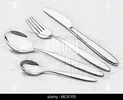 Illustration d'un ensemble d'Argenterie avec fourchette, couteau, cuillères et Banque D'Images