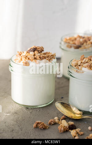 Yaourt au muesli fait d'avoine, raisins secs, riz soufflé, de chocolat et de bananes séchées. Petit-déjeuner sain pour la famille. Alimentaire sain. Banque D'Images