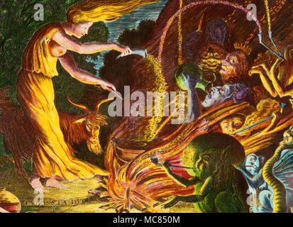 Détail de démons, à partir de la gravure couleur par Jan van de Velde [1624], d'une magicienne coulée magique orthographie en présence de démons. Banque D'Images