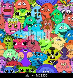 Fond transparent pour votre conception avec différents Cartoon monstres, motif carreaux colorés avec mignon drôle de caractères. Vector Illustration de Vecteur