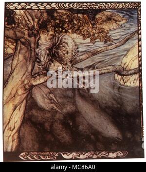 Réincarnation La terre-vies de répétées de son, qui est ici dans sa maison avatarformas le saumon. Illustration par Arthur Rackham pour Stephen's Irish Fairy Tales"