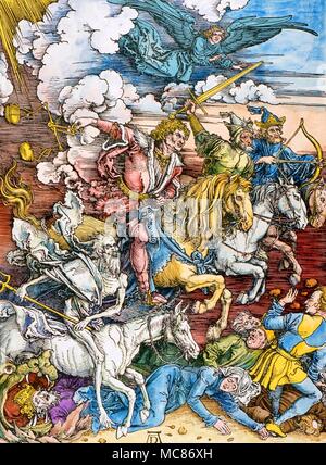 Prédictions et prophéties les quatre cavaliers de l'Apocalypse, après les 1517 imprimer d'Albrecht durer, basée sur la description par St John Banque D'Images