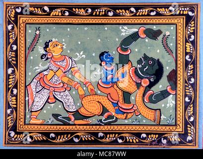 Démons mythologie Hindoue moderne (milieu du siècle) gousache des dieux hindous Krishna et la lutte contre le démon Putana Devaki. Banque D'Images