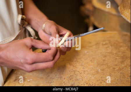 Rognaix (Alpes, au sud-est de la France). Société "Les caves d'affinage des fromages de Savoie, mûrisseur. Ronde de fromage de Beaufort Banque D'Images