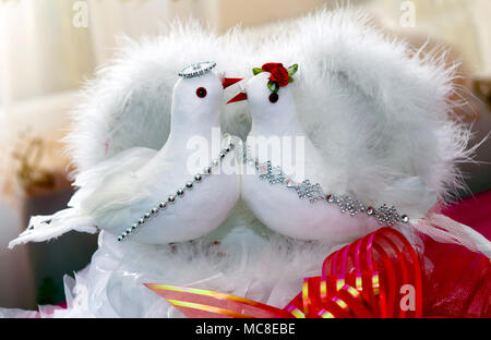 Réglage de la table pour un mariage ou tout autre événement avec colombes artificiel . deux colombes . Colombe artificiel . Banque D'Images