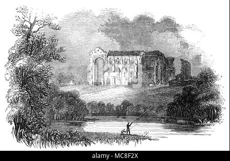 Angler sur la Rivière Avon en face de l'abbaye de Malmesbury, dans le Wiltshire, à Malmesbury en Angleterre, est l'une des rares maisons anglais avec une histoire continue à partir du 7e siècle jusqu'à la dissolution des monastères. L'Abbaye a été fondée comme un monastère bénédictin autour de 676 par l'érudit-poète Aldhelm, un neveu du Roi ine de Wessex. L'Abbaye fut en grande partie terminé en 1180 mais sa tour s'est effondrée dans une tempête autour de 1500 détruit une grande partie de l'église, dont les deux tiers de la nef et le transept. Banque D'Images