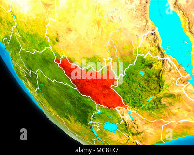 Le Soudan du Sud a mis en évidence en rouge sur la planète Terre avec des frontières visibles. 3D illustration. Éléments de cette image fournie par la NASA. Banque D'Images
