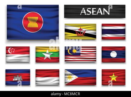 Pavillon de l'ANASE (Association des nations d'Asie du Sud-Est ) et d'adhésion . Conception ondulée . Fond isolé . Illustration de Vecteur