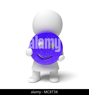 3d blanc humain personne portant une robe tenant un sourire heureux smiley bleu avec paillettes colorées appliquées (3D illustration isolated on a white background Banque D'Images