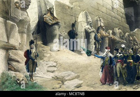 Cette illustration date d'environ 1900 soldats de Napoléon montre et à Karnak. Lorsque Napoléon était n'Egypte, il a visité les sites anciens, y compris le Sphinx, et avait ses savants remarque tous les faits pertinents. Banque D'Images