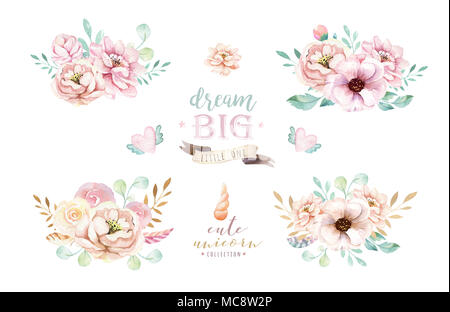 Bouquets aquarelle mignon isolés avec des fleurs clipart. Les licornes pépinière illustration. Affiche arc-en-ciel princesse bouquet couleur rose très tendance.. Banque D'Images