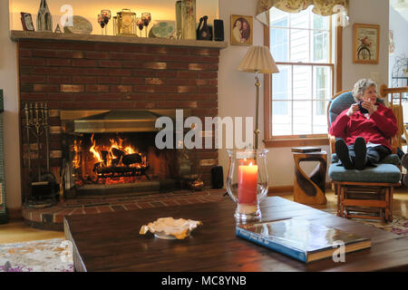 Chambre Familiale invitant avec le feu dans une cheminée, USA Banque D'Images