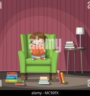 Enfant est assis sur une chaise et lit un livre. Vector Illustration. Illustration de Vecteur