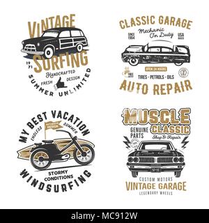 Vintage tee dessiné à la main imprime set. Surfez print design, ancien garage, service automobile, réparation automatique de correctifs. emblèmes T shirt d'été imprimer concepts isolated on white. Vecteur Stock d'étiquettes. Effet typographique Illustration de Vecteur