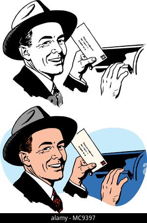 Un homme portant un fedora laissant tomber une lettre dans une boîte aux lettres. Illustration de Vecteur