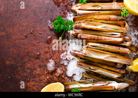 Bundle, tas de mactres frais sur la glace, l'arrière-plan en béton noir, citron, fines herbes. L'espace de copie, vue du dessus Banque D'Images