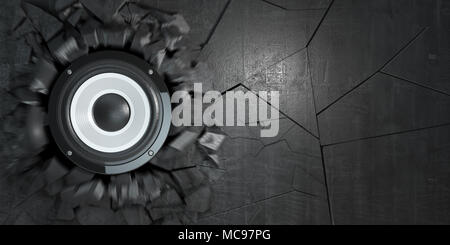 De puissants haut-parleurs audio cassé mur de béton. Trou d'explosion et de débris. Hard rock ou heavy metal musique d'énergie concept. 3d illustration Banque D'Images