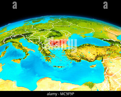 Vue satellite de la Bulgarie a souligné en rouge sur la planète Terre avec des filets. 3D illustration. Éléments de cette image fournie par la NASA. Banque D'Images