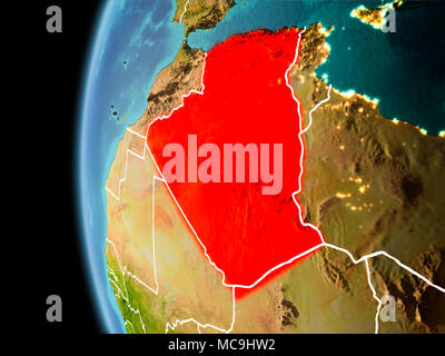 Soirée sur l'Algérie vue de l'espace sur la planète Terre avec des frontières visibles et les lumières de la ville. 3D illustration. Éléments de cette image b meublé Banque D'Images