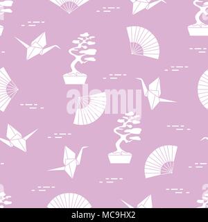 Modèle intégré de bonsaï, origami grues de papier, fans. Voyages et loisirs. Éléments de conception traditionnelle du Japon. Illustration de Vecteur