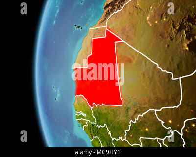 Soir sur la Mauritanie en vue de l'espace sur la planète Terre avec des frontières visibles et les lumières de la ville. 3D illustration. Éléments de cette image furnishe Banque D'Images