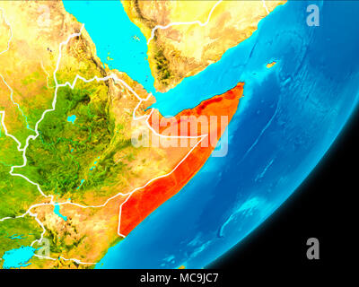 La carte de la Somalie en rouge vu de l'espace sur la planète Terre avec bordures blanches. 3D illustration. Éléments de cette image fournie par la NASA. Banque D'Images