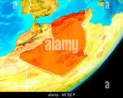 La carte de l'Algérie en rouge vu de l'espace sur la planète Terre avec bordures blanches. 3D illustration. Éléments de cette image fournie par la NASA. Banque D'Images