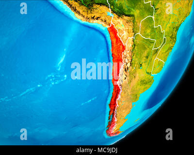 La carte du Chili en rouge vu de l'espace sur la planète Terre avec bordures blanches. 3D illustration. Éléments de cette image fournie par la NASA. Banque D'Images